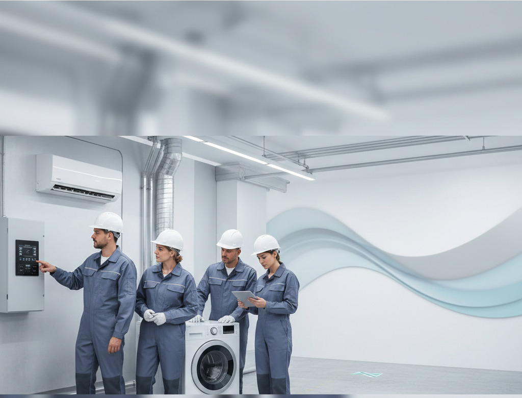 Technicians with electrical, AC and appliance equipment